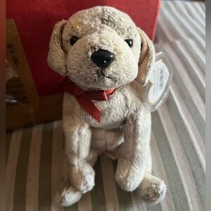 NWT Ty Cream Plush Dog with Red Bow